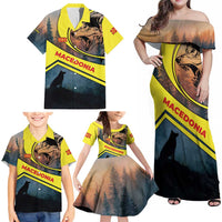 Macedonia Family Matching Off Shoulder Maxi Dress and Hawaiian Shirt with Forest Wolf and Sunset Silhouette Design - Wonder Print Shop
