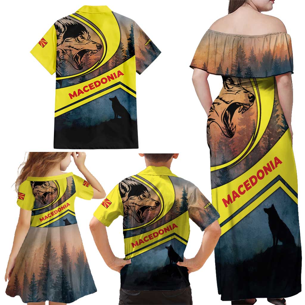 Macedonia Family Matching Off Shoulder Maxi Dress and Hawaiian Shirt with Forest Wolf and Sunset Silhouette Design - Wonder Print Shop