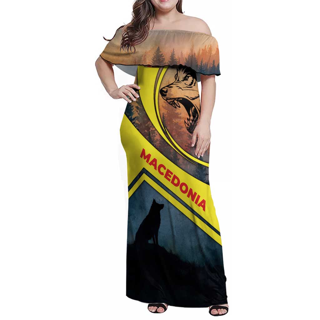 Macedonia Family Matching Off Shoulder Maxi Dress and Hawaiian Shirt with Forest Wolf and Sunset Silhouette Design - Wonder Print Shop