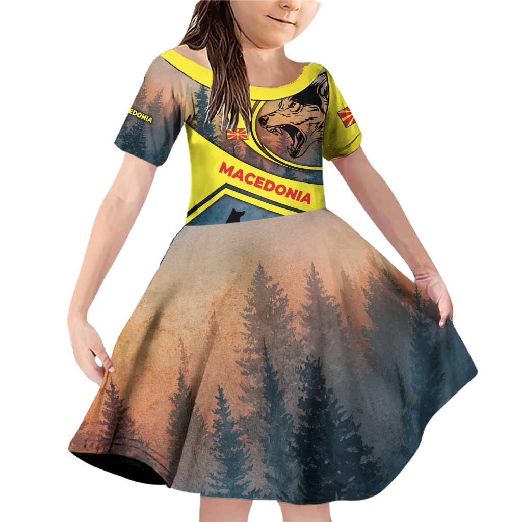 Macedonia Family Matching Off Shoulder Short Dress and Hawaiian Shirt with Forest Wolf and Sunset Silhouette Design - Wonder Print Shop
