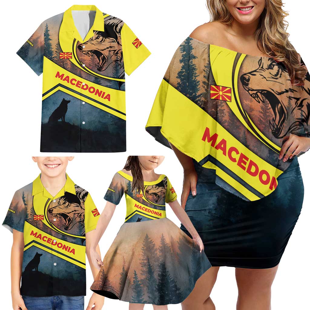 Macedonia Family Matching Off Shoulder Short Dress and Hawaiian Shirt with Forest Wolf and Sunset Silhouette Design - Wonder Print Shop