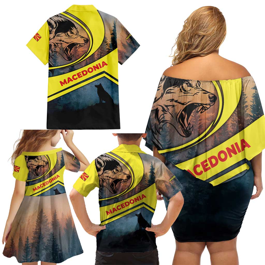 Macedonia Family Matching Off Shoulder Short Dress and Hawaiian Shirt with Forest Wolf and Sunset Silhouette Design - Wonder Print Shop