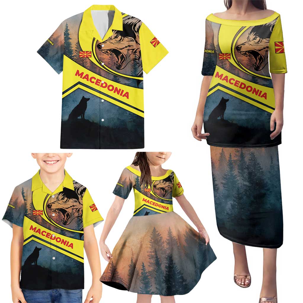 Macedonia Family Matching Puletasi and Hawaiian Shirt with Forest Wolf and Sunset Silhouette Design - Wonder Print Shop