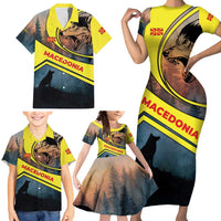 Macedonia Family Matching Short Sleeve Bodycon Dress and Hawaiian Shirt with Forest Wolf and Sunset Silhouette Design - Wonder Print Shop