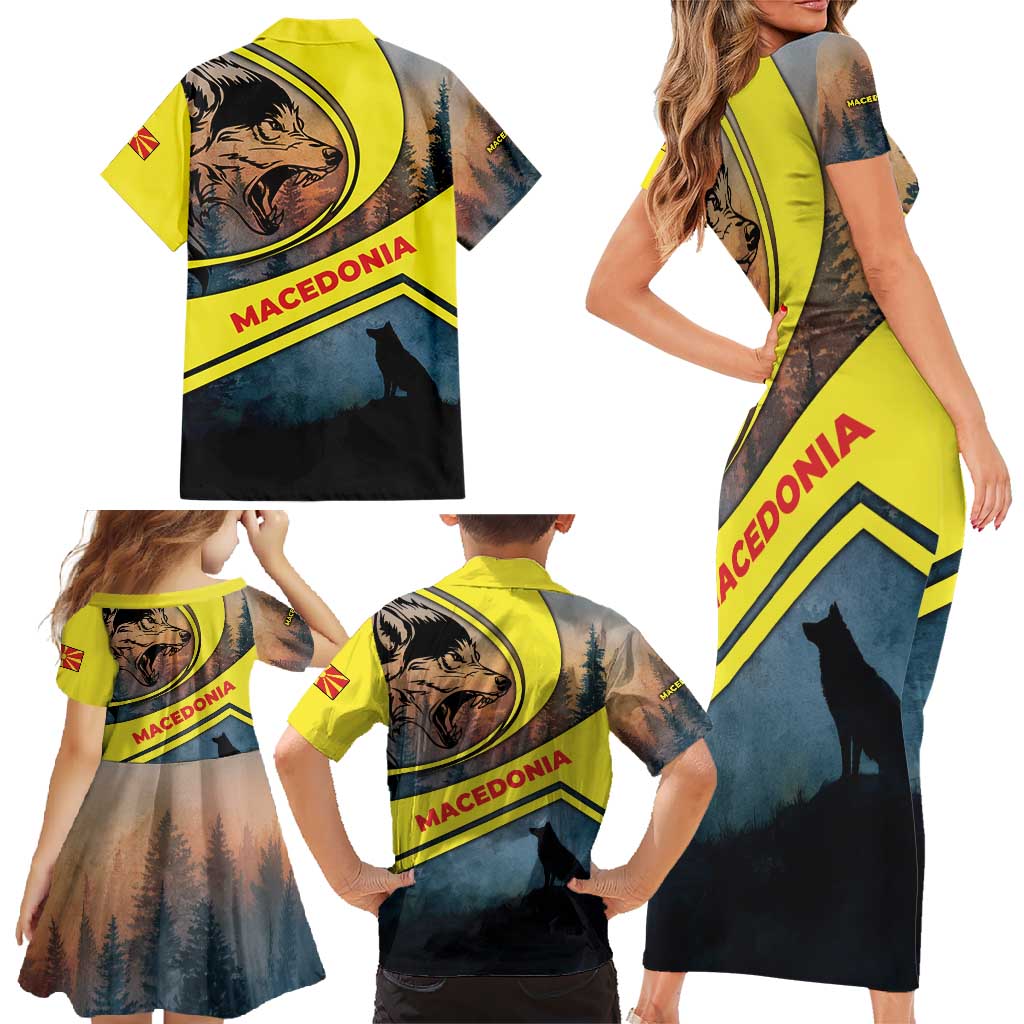 Macedonia Family Matching Short Sleeve Bodycon Dress and Hawaiian Shirt with Forest Wolf and Sunset Silhouette Design - Wonder Print Shop