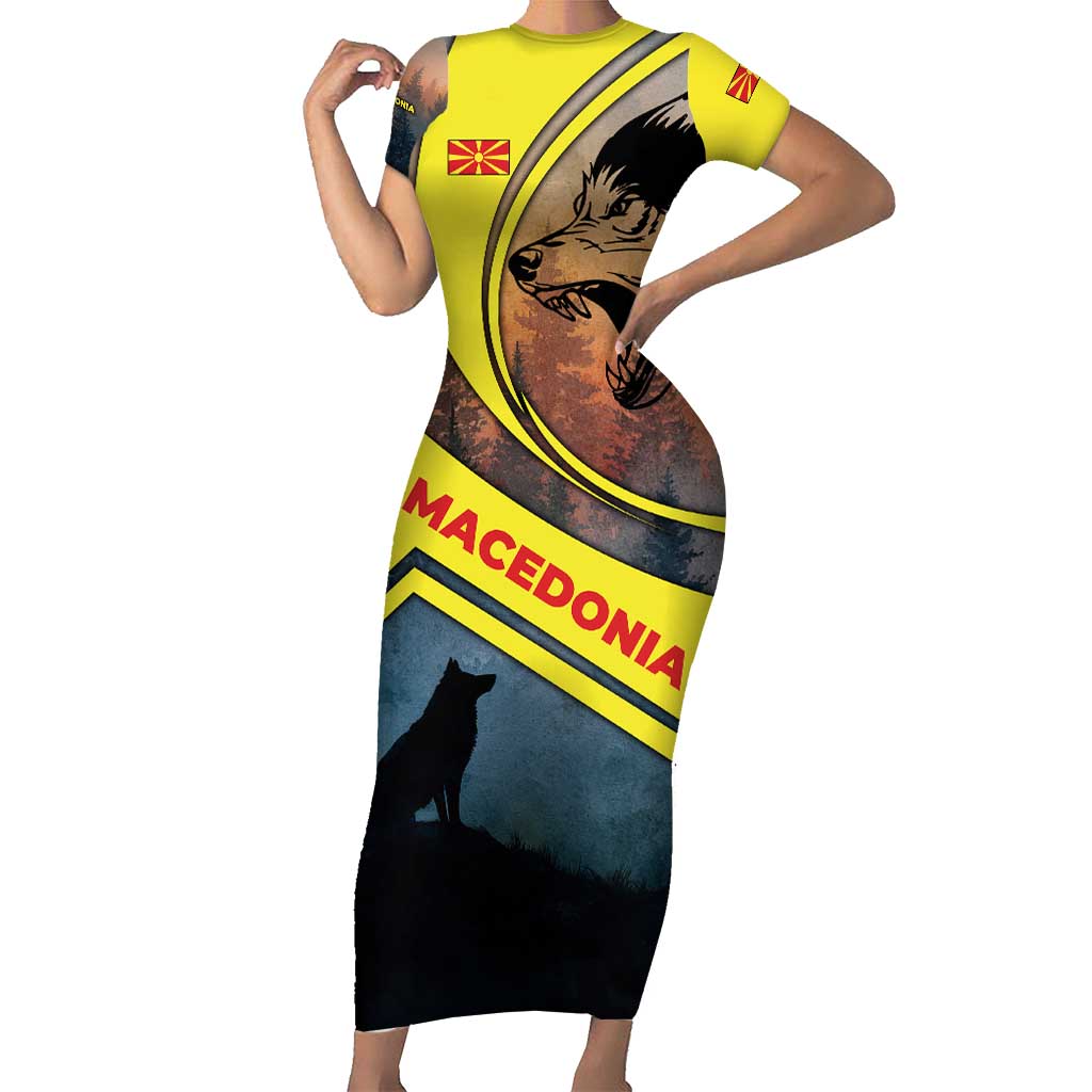 Macedonia Family Matching Short Sleeve Bodycon Dress and Hawaiian Shirt with Forest Wolf and Sunset Silhouette Design - Wonder Print Shop