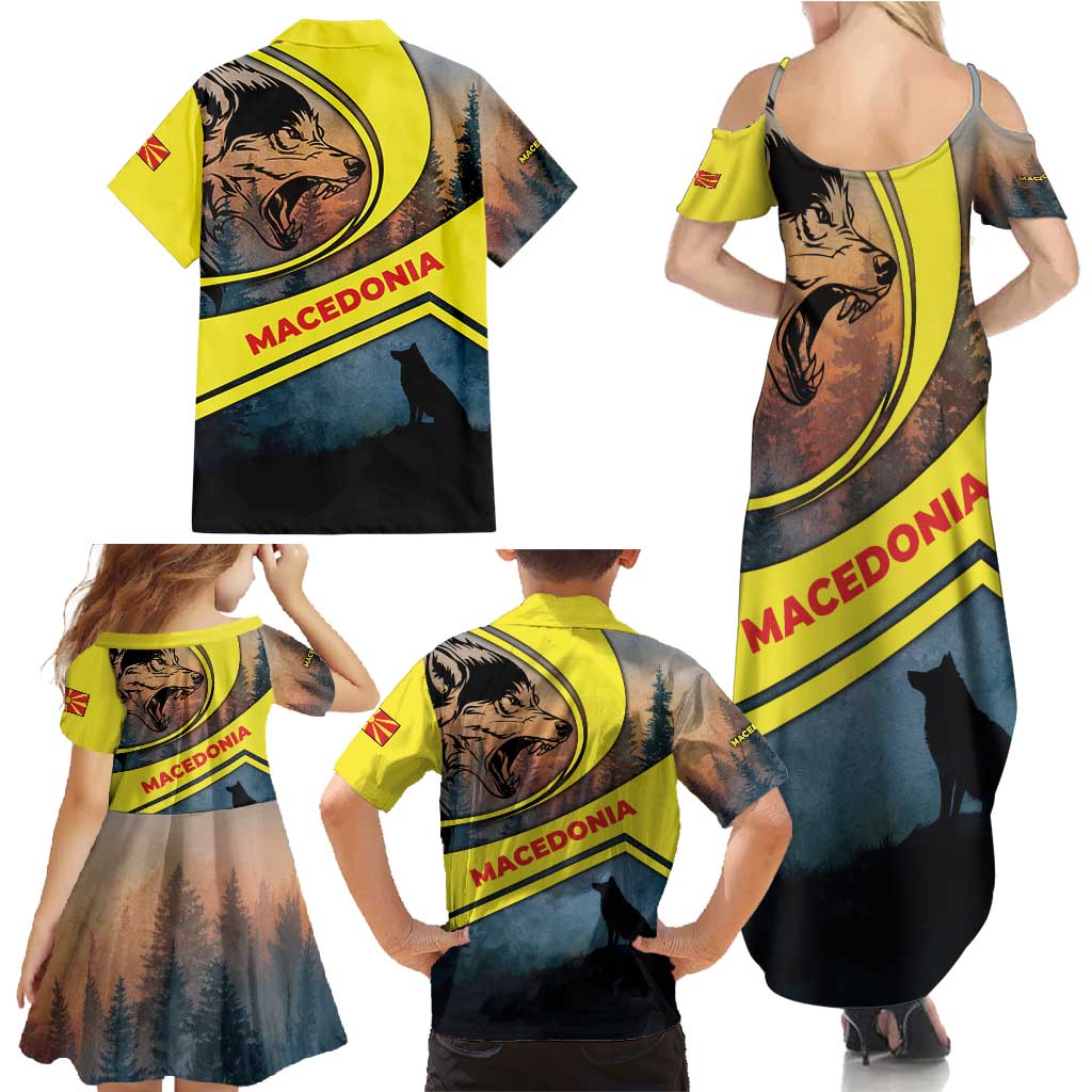 Macedonia Family Matching Summer Maxi Dress and Hawaiian Shirt with Forest Wolf and Sunset Silhouette Design - Wonder Print Shop
