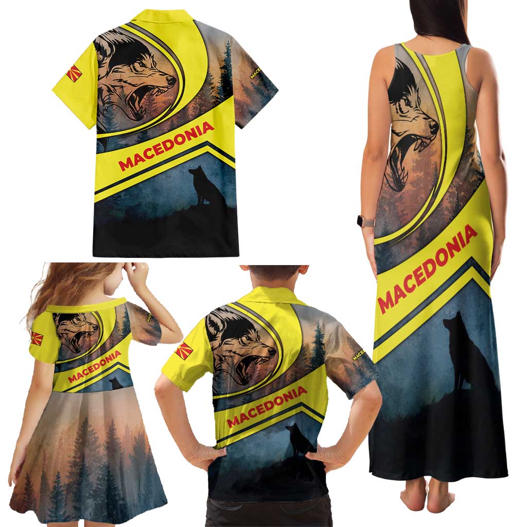 Macedonia Family Matching Tank Maxi Dress and Hawaiian Shirt with Forest Wolf and Sunset Silhouette Design - Wonder Print Shop