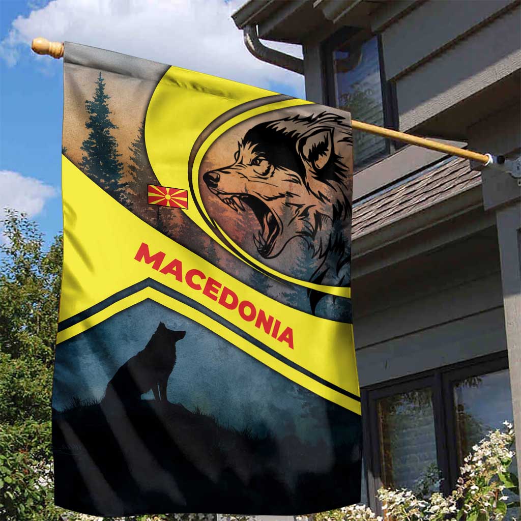 Macedonia Garden Flag with Forest Wolf and Sunset Silhouette Design - Wonder Print Shop