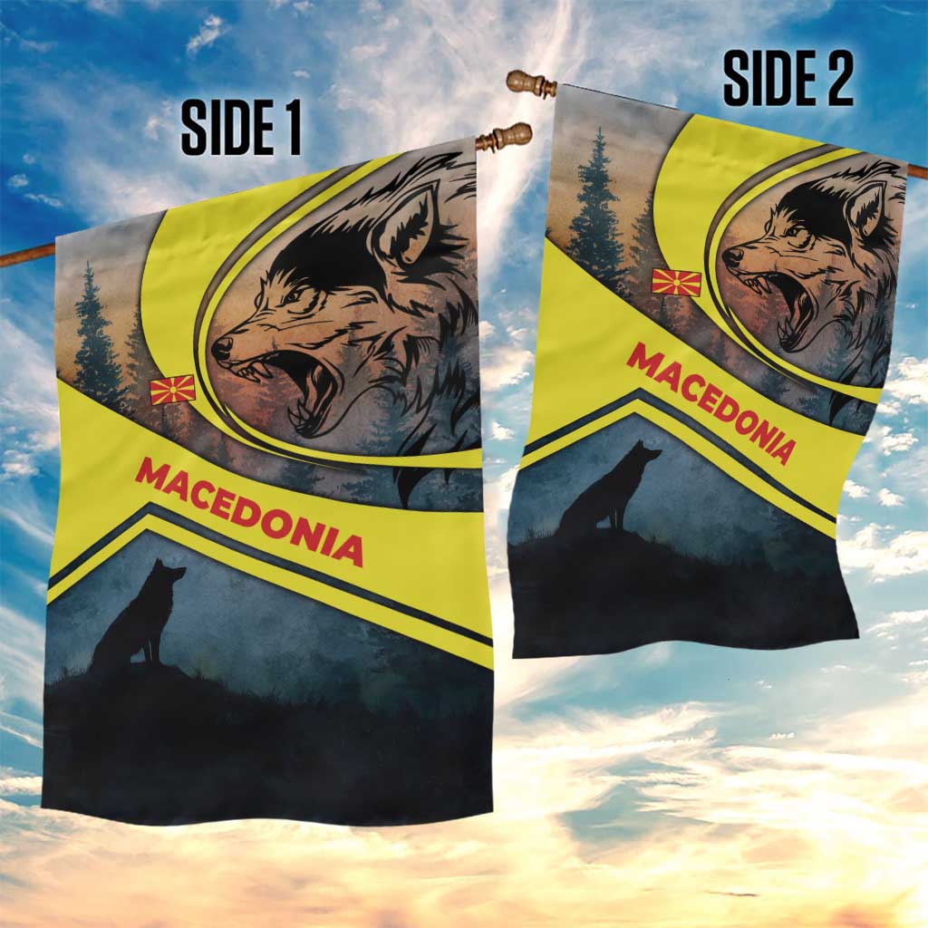 Macedonia Garden Flag with Forest Wolf and Sunset Silhouette Design - Wonder Print Shop