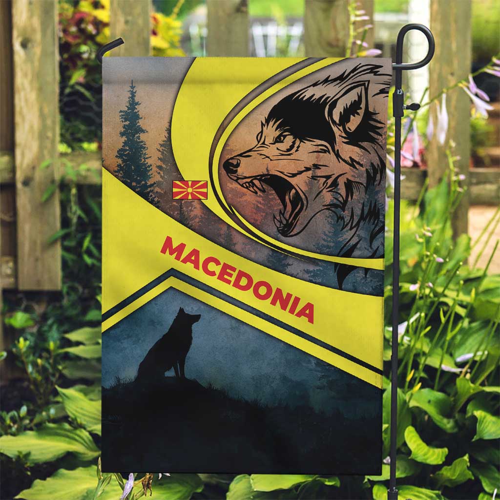 Macedonia Garden Flag with Forest Wolf and Sunset Silhouette Design - Wonder Print Shop