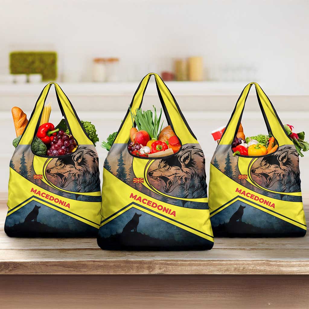 Macedonia Grocery Bag with Forest Wolf and Sunset Silhouette Design - Wonder Print Shop