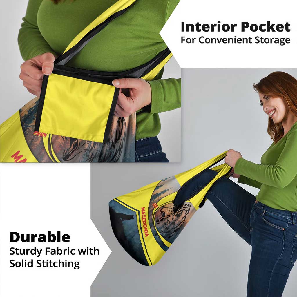 Macedonia Grocery Bag with Forest Wolf and Sunset Silhouette Design - Wonder Print Shop