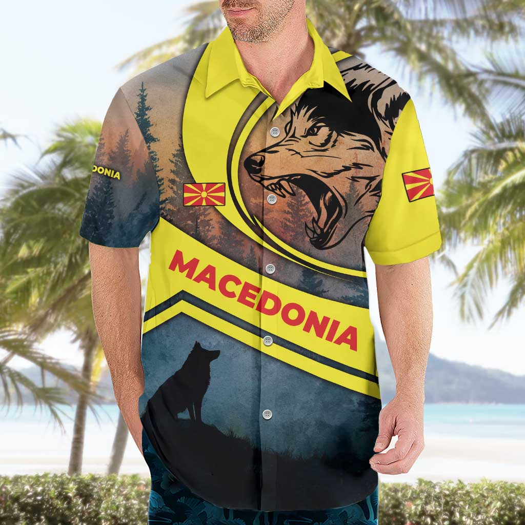Macedonia Hawaiian Shirt with Forest Wolf and Sunset Silhouette Design - Wonder Print Shop
