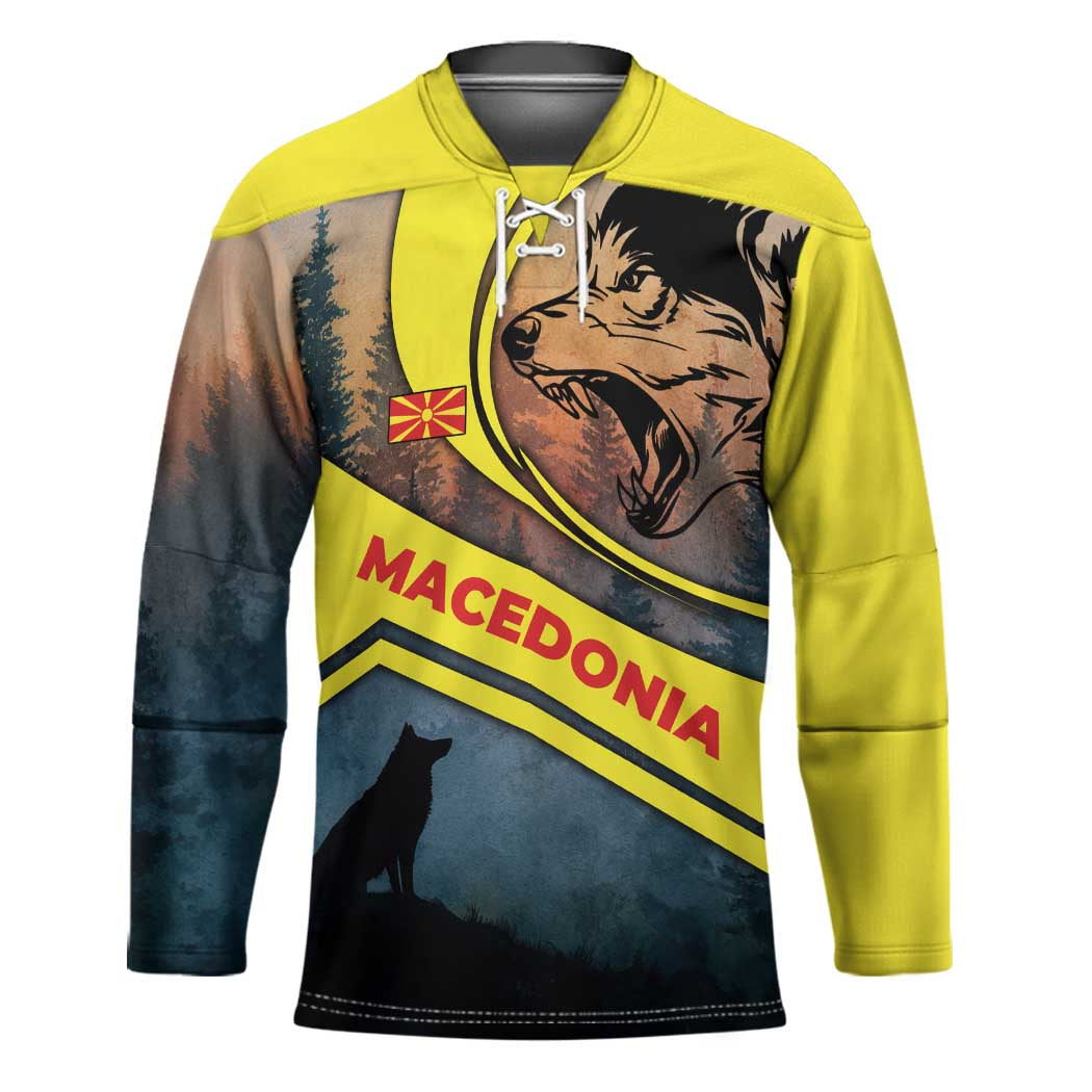 Macedonia Hockey Jersey with Forest Wolf and Sunset Silhouette Design - Wonder Print Shop