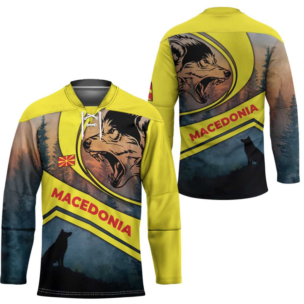 Macedonia Hockey Jersey with Forest Wolf and Sunset Silhouette Design - Wonder Print Shop