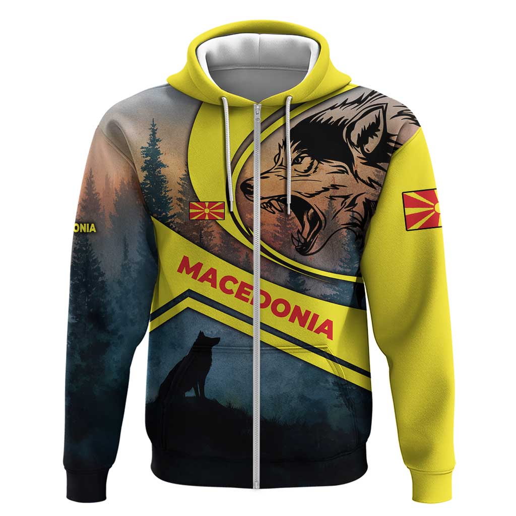 Macedonia Hoodie with Forest Wolf and Sunset Silhouette Design - Wonder Print Shop