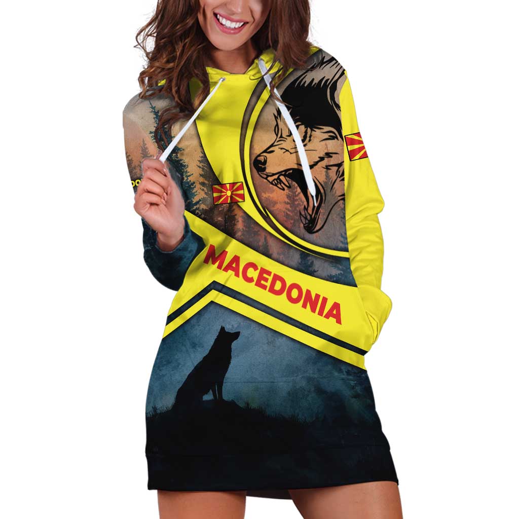 Macedonia Hoodie Dress with Forest Wolf and Sunset Silhouette Design - Wonder Print Shop