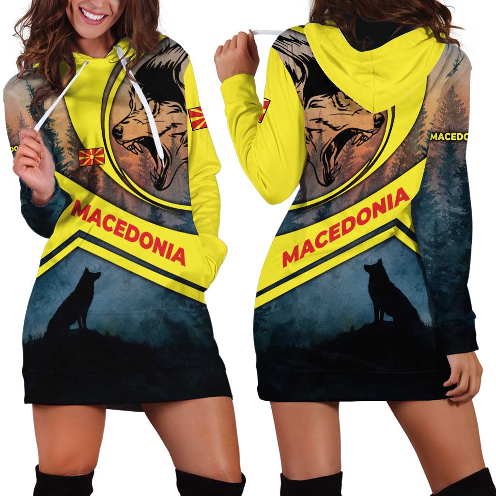 Macedonia Hoodie Dress with Forest Wolf and Sunset Silhouette Design - Wonder Print Shop