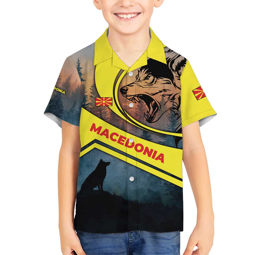 Macedonia Kid Hawaiian Shirt with Forest Wolf and Sunset Silhouette Design - Wonder Print Shop
