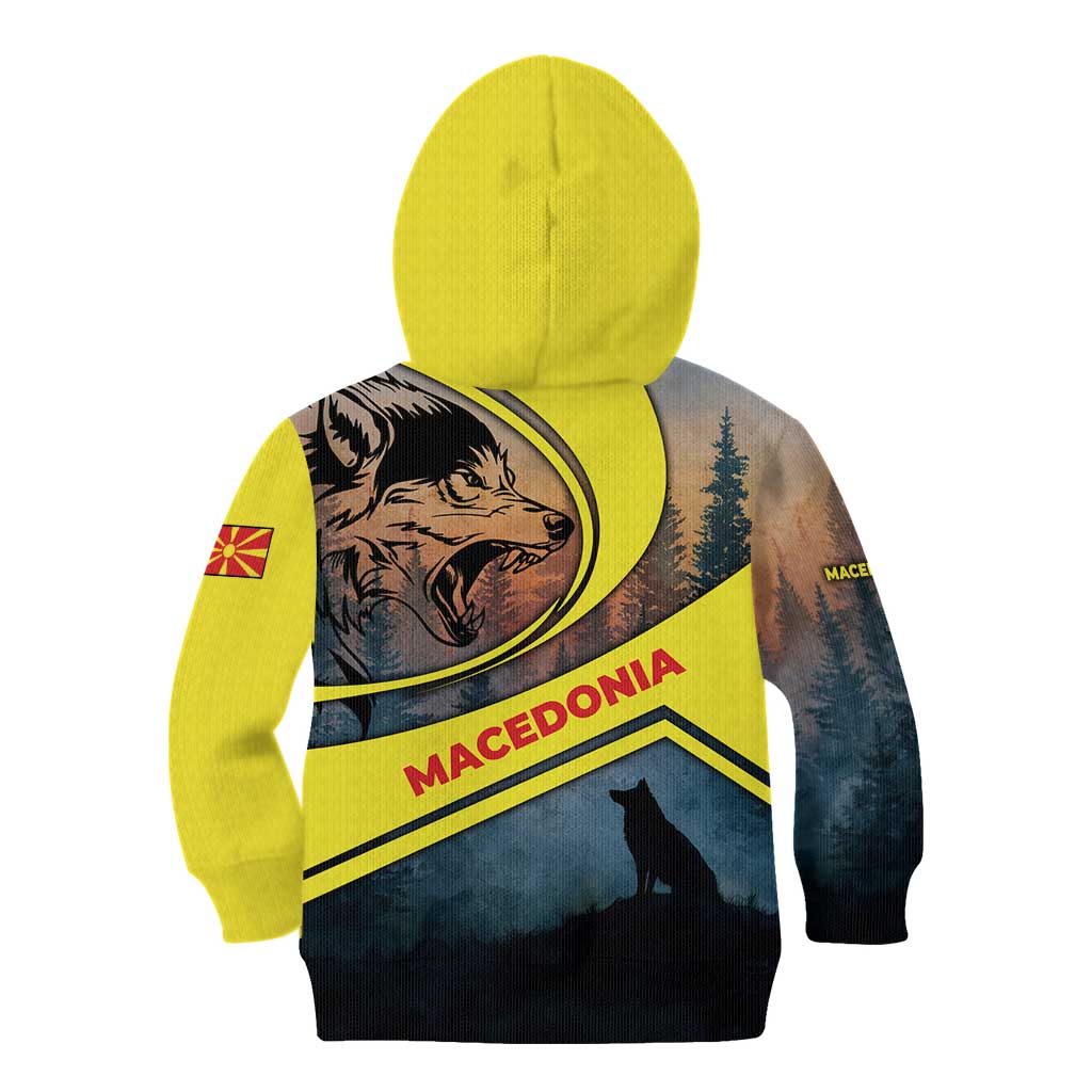 Macedonia Kid Hoodie with Forest Wolf and Sunset Silhouette Design - Wonder Print Shop