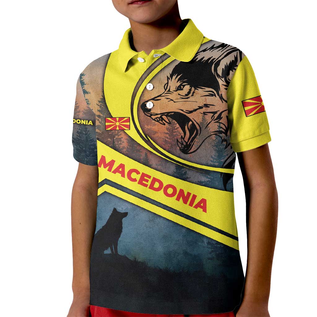 Macedonia Kid Polo Shirt with Forest Wolf and Sunset Silhouette Design - Wonder Print Shop