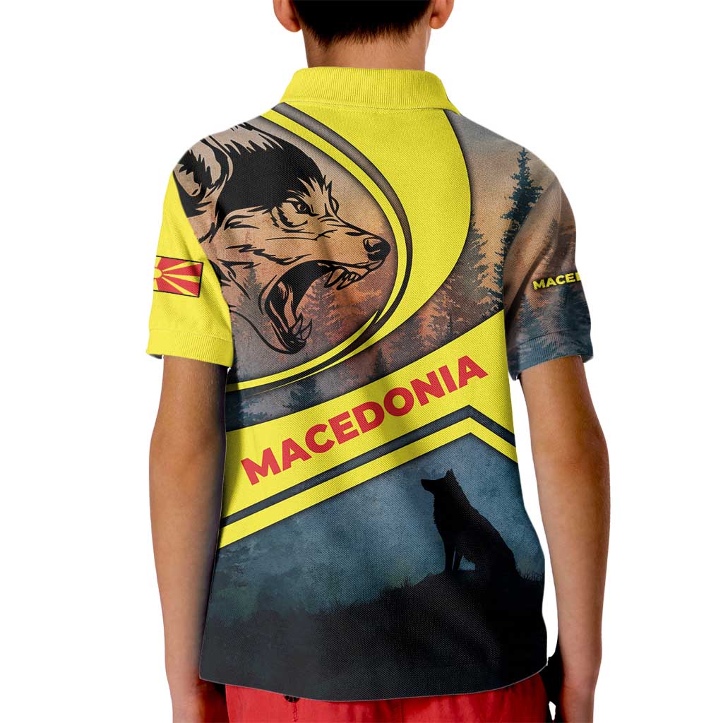 Macedonia Kid Polo Shirt with Forest Wolf and Sunset Silhouette Design - Wonder Print Shop