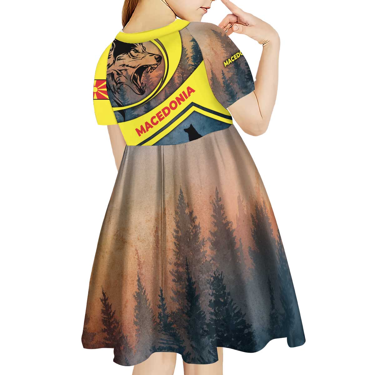 Macedonia Kid Short Sleeve Dress with Forest Wolf and Sunset Silhouette Design - Wonder Print Shop