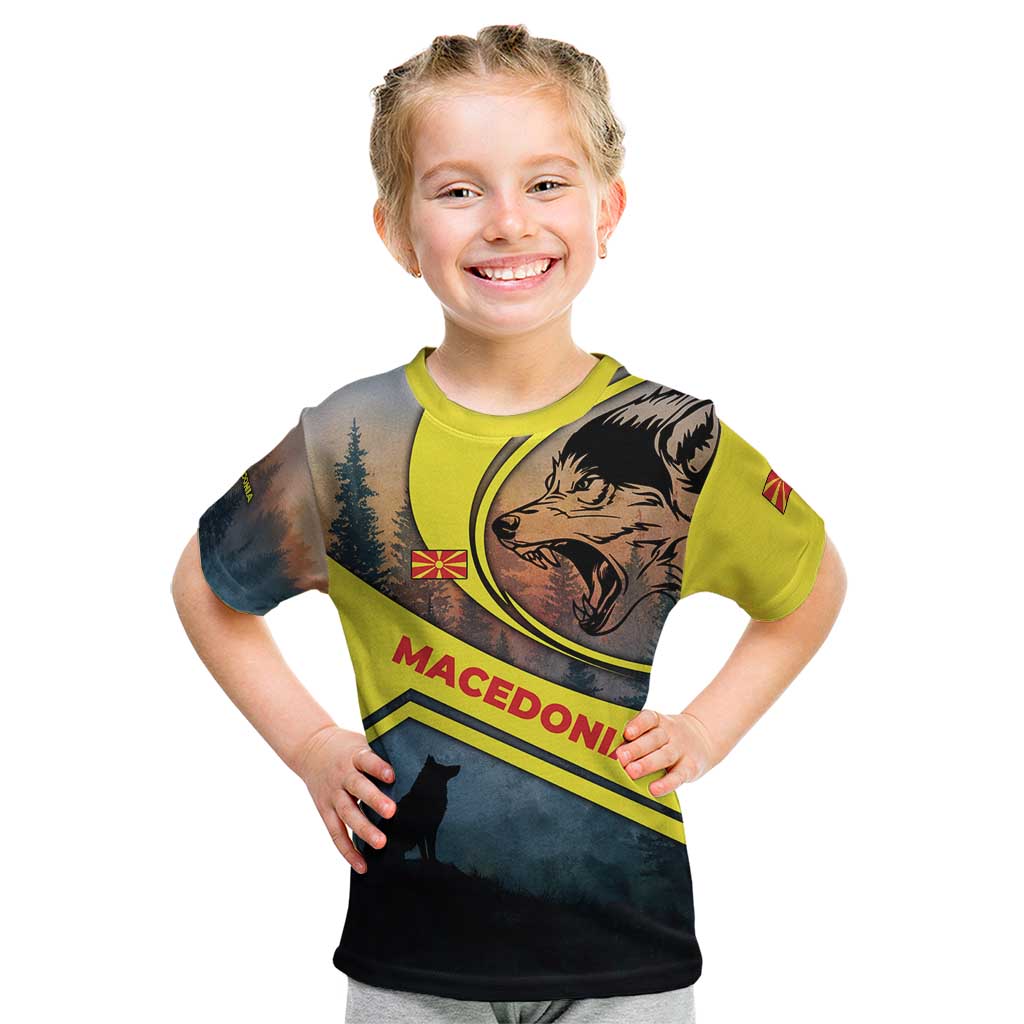 Macedonia Kid T Shirt with Forest Wolf and Sunset Silhouette Design - Wonder Print Shop