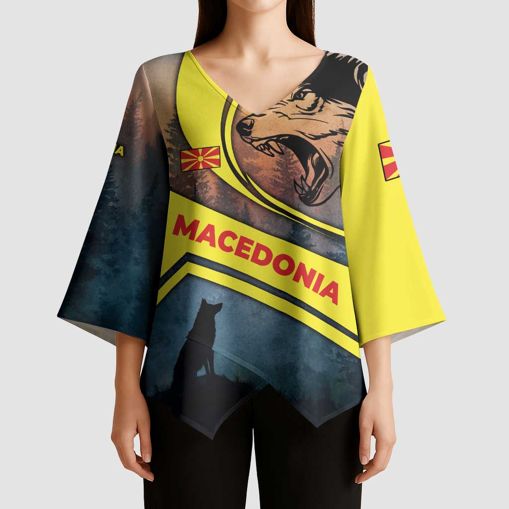 Macedonia Kimono Sleeve Blouse with Forest Wolf and Sunset Silhouette Design - Wonder Print Shop