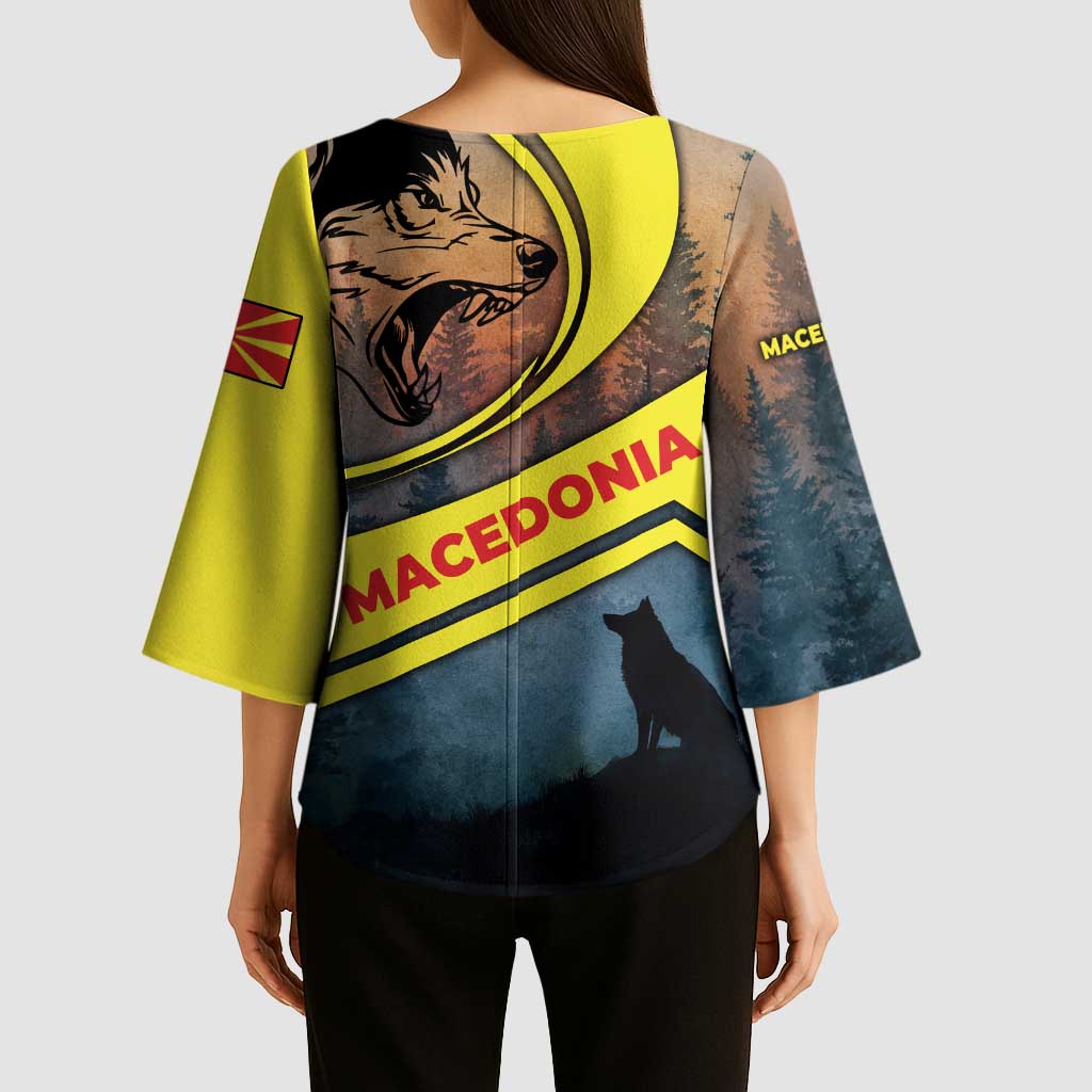 Macedonia Kimono Sleeve Blouse with Forest Wolf and Sunset Silhouette Design - Wonder Print Shop