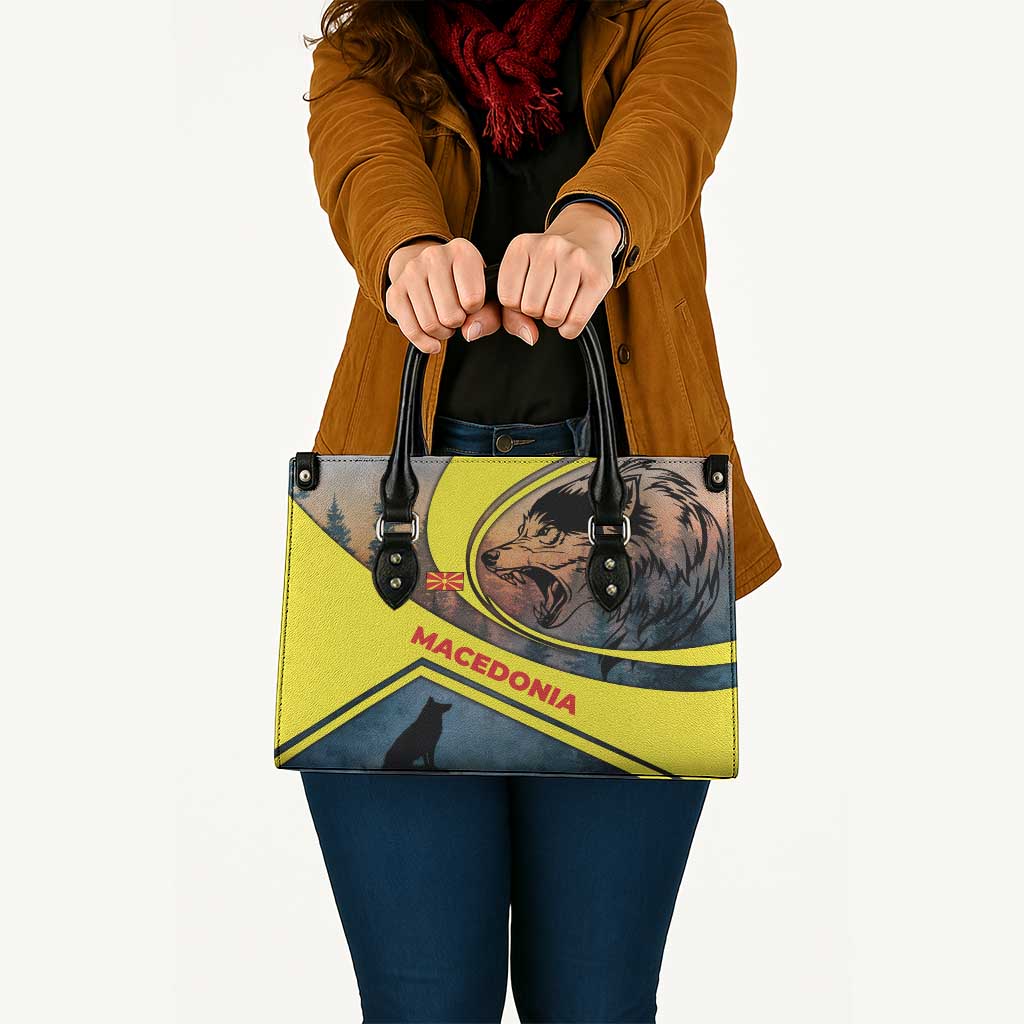 Macedonia Leather Bag with Forest Wolf and Sunset Silhouette Design - Wonder Print Shop