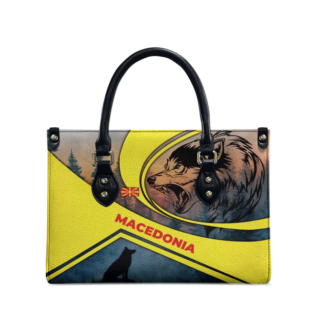 Macedonia Leather Bag with Forest Wolf and Sunset Silhouette Design - Wonder Print Shop
