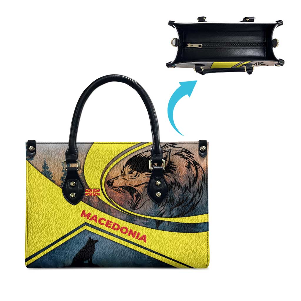 Macedonia Leather Bag with Forest Wolf and Sunset Silhouette Design - Wonder Print Shop
