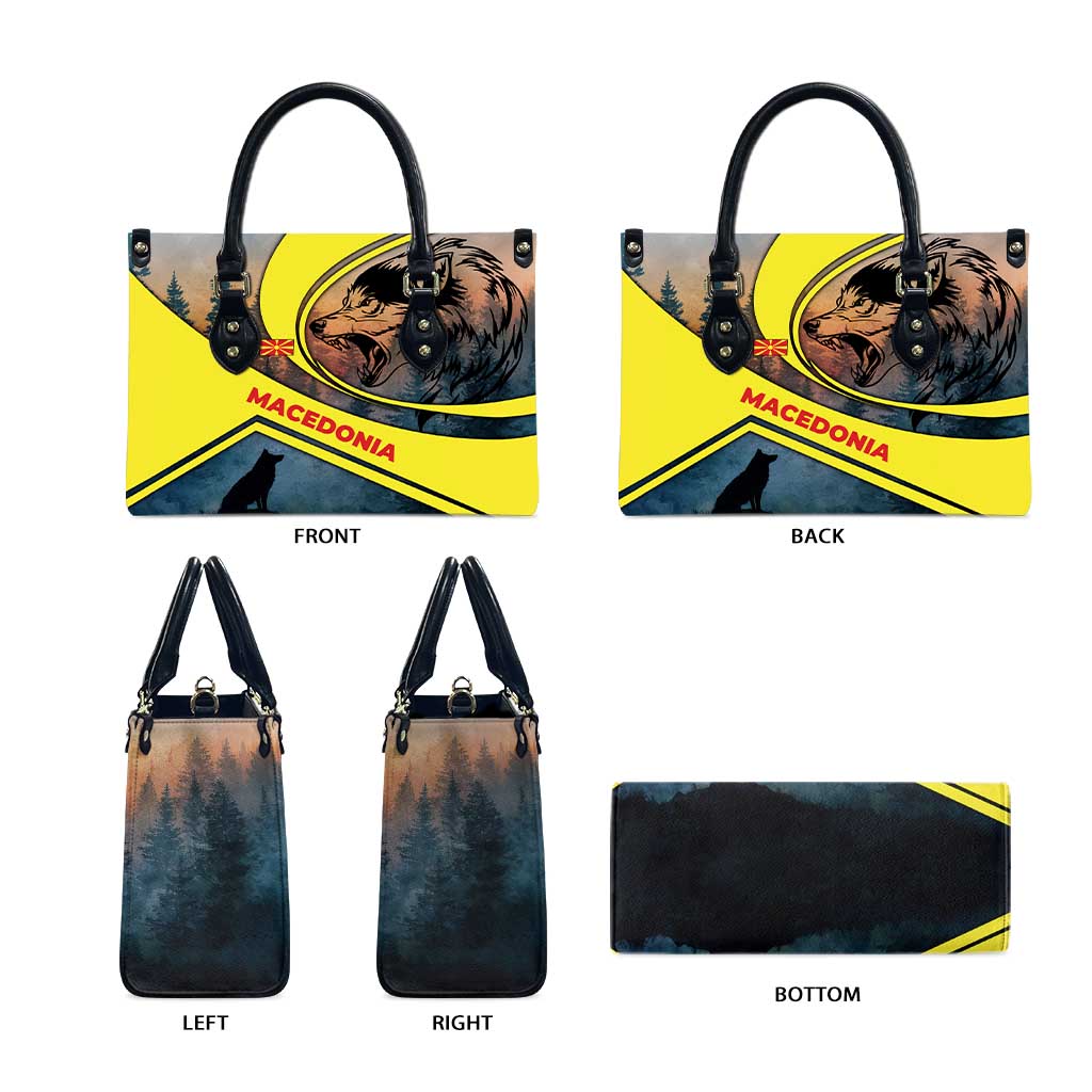 Macedonia Leather Bag with Forest Wolf and Sunset Silhouette Design - Wonder Print Shop