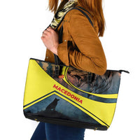 Macedonia Leather Tote Bag with Forest Wolf and Sunset Silhouette Design - Wonder Print Shop