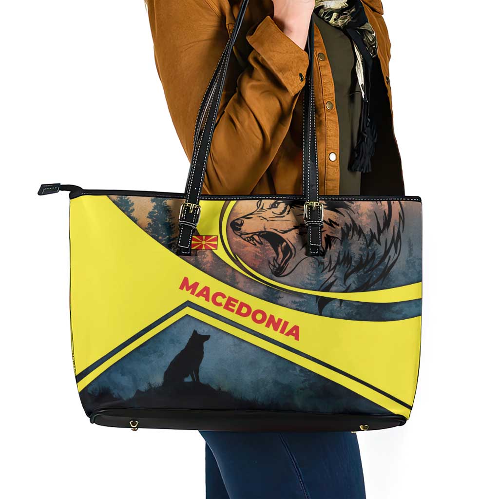 Macedonia Leather Tote Bag with Forest Wolf and Sunset Silhouette Design - Wonder Print Shop