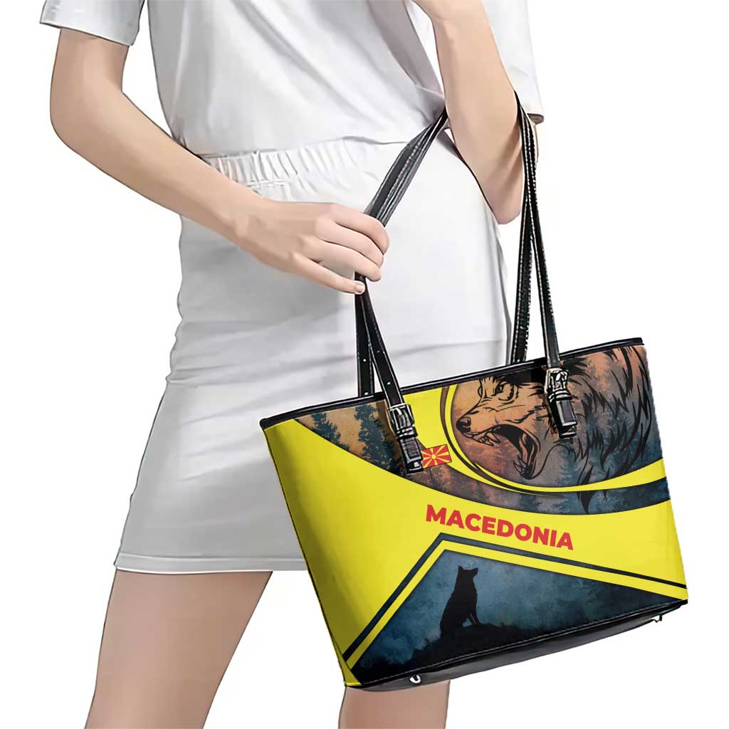 Macedonia Leather Tote Bag with Forest Wolf and Sunset Silhouette Design - Wonder Print Shop