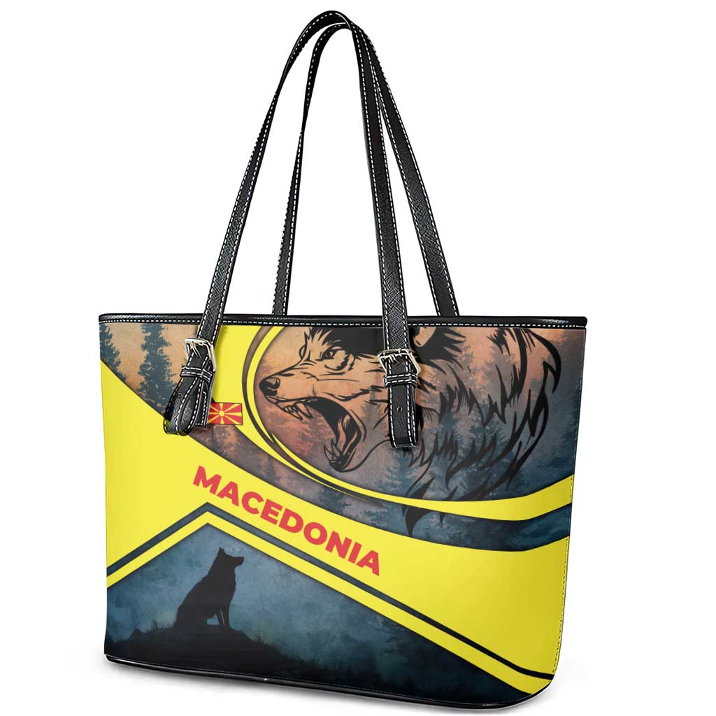 Macedonia Leather Tote Bag with Forest Wolf and Sunset Silhouette Design - Wonder Print Shop