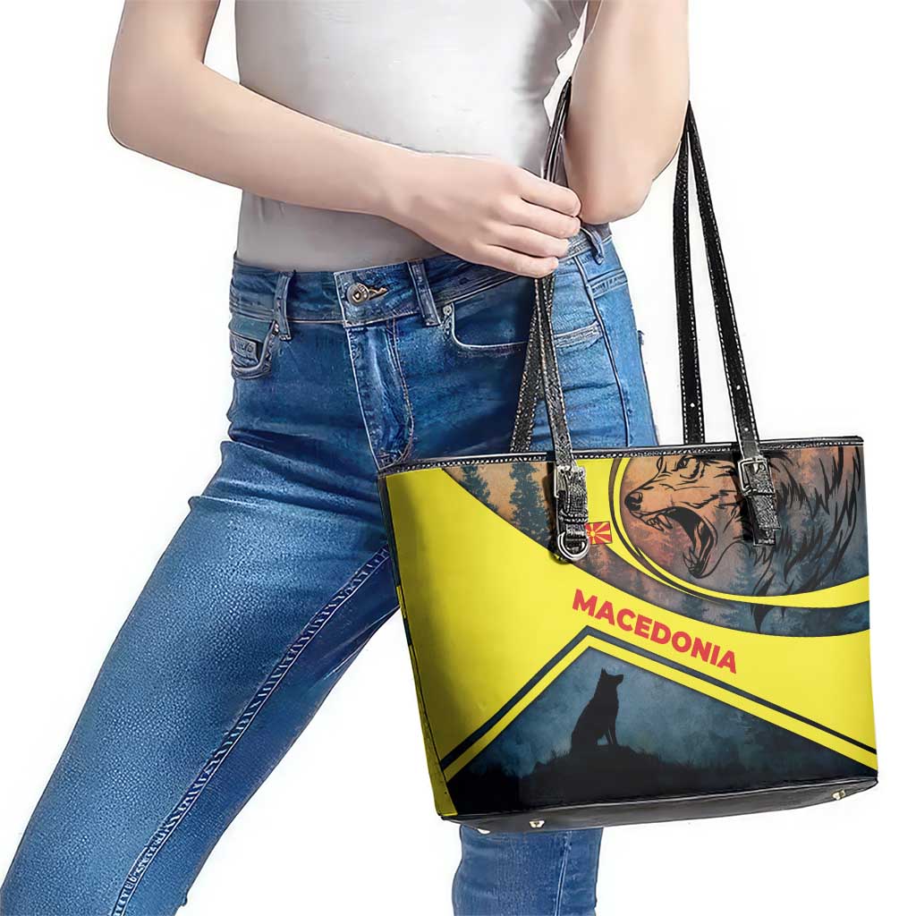 Macedonia Leather Tote Bag with Forest Wolf and Sunset Silhouette Design - Wonder Print Shop