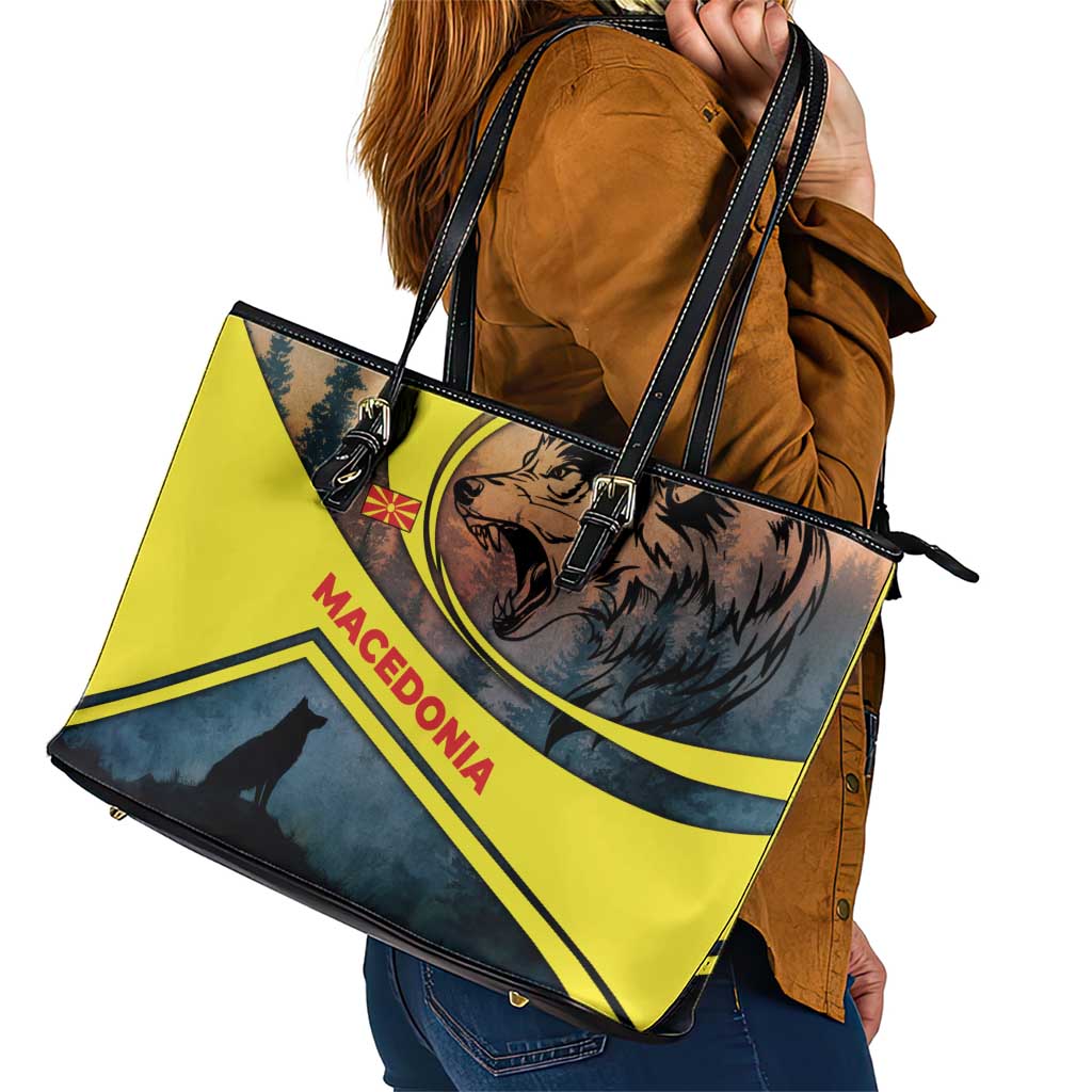 Macedonia Leather Tote Bag with Forest Wolf and Sunset Silhouette Design - Wonder Print Shop