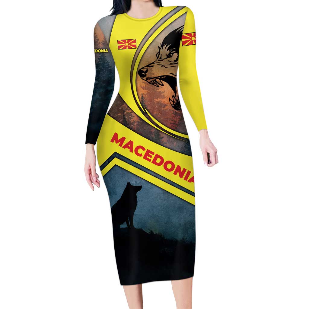 Macedonia Long Sleeve Bodycon Dress with Forest Wolf and Sunset Silhouette Design - Wonder Print Shop