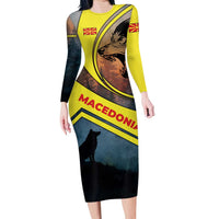 Macedonia Long Sleeve Bodycon Dress with Forest Wolf and Sunset Silhouette Design - Wonder Print Shop