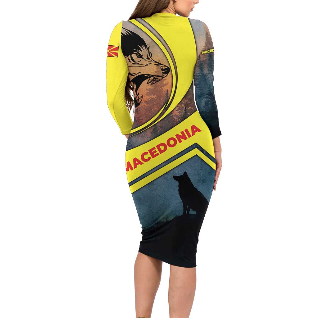 Macedonia Long Sleeve Bodycon Dress with Forest Wolf and Sunset Silhouette Design - Wonder Print Shop