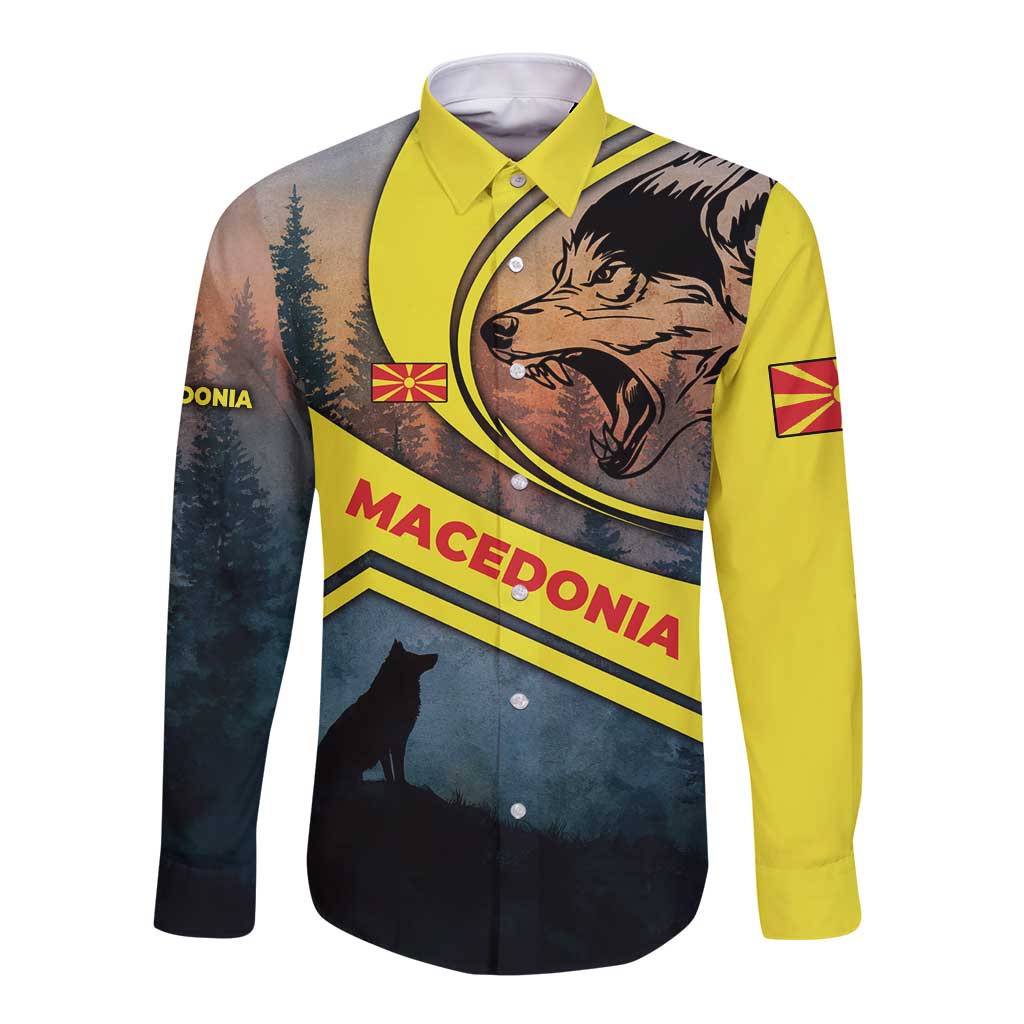 Macedonia Long Sleeve Button Shirt with Forest Wolf and Sunset Silhouette Design - Wonder Print Shop