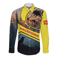 Macedonia Long Sleeve Button Shirt with Forest Wolf and Sunset Silhouette Design - Wonder Print Shop