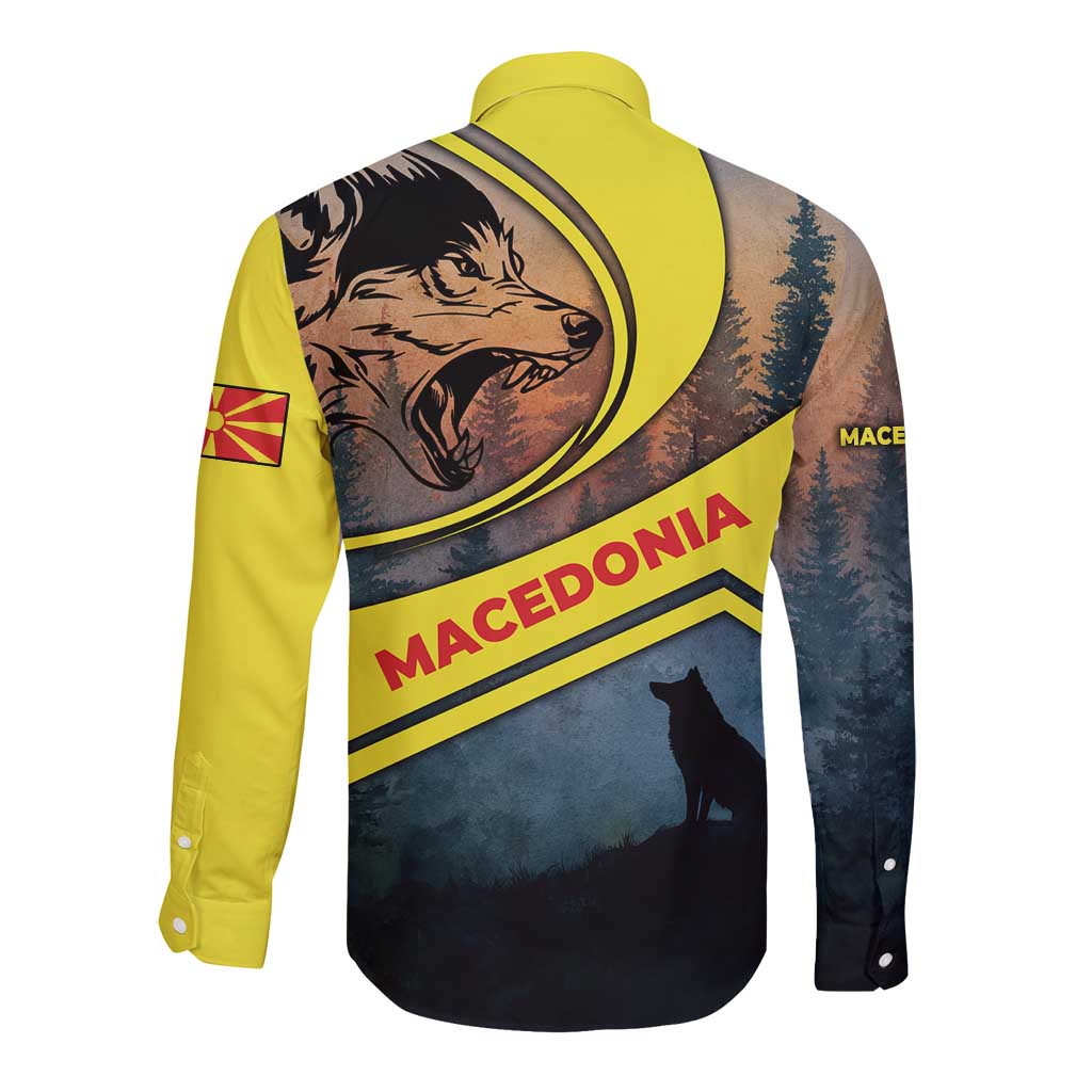 Macedonia Long Sleeve Button Shirt with Forest Wolf and Sunset Silhouette Design - Wonder Print Shop