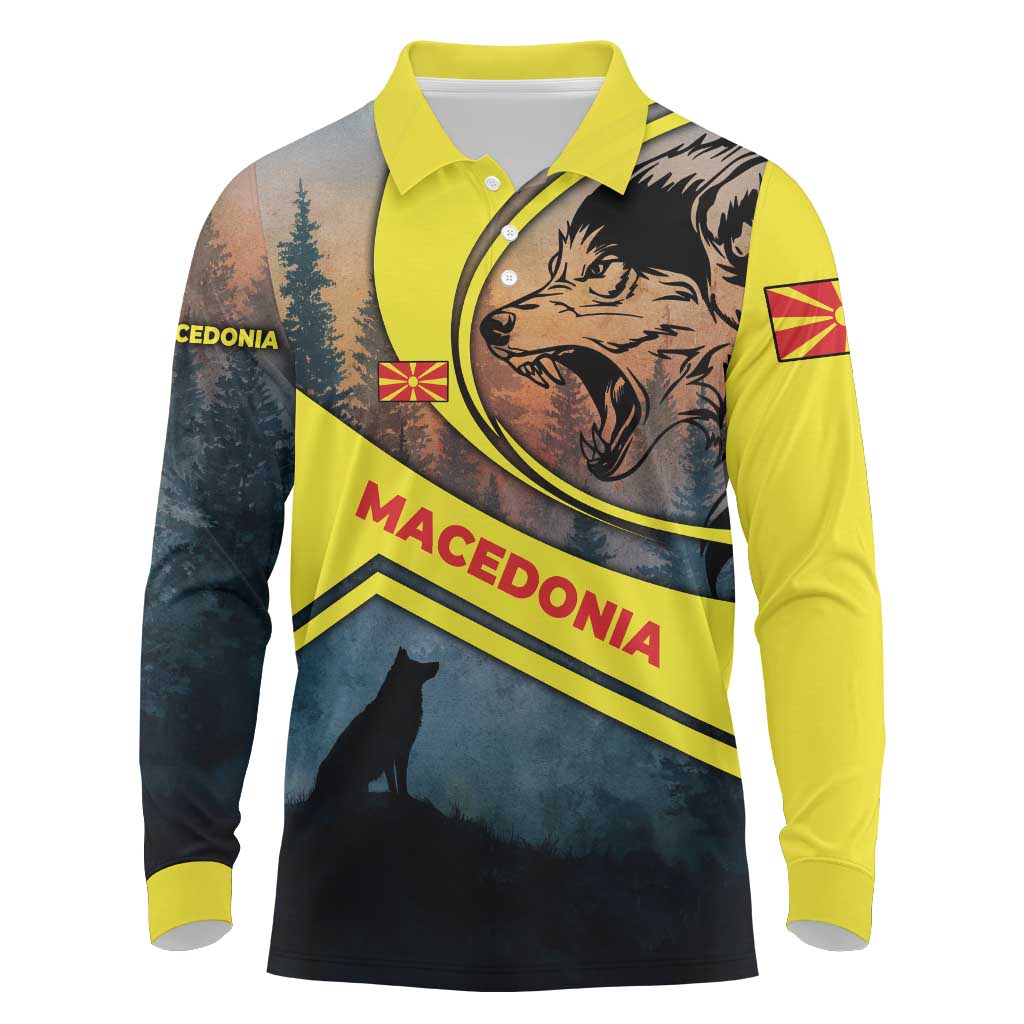 Macedonia Long Sleeve Polo Shirt with Forest Wolf and Sunset Silhouette Design - Wonder Print Shop