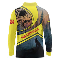 Macedonia Long Sleeve Polo Shirt with Forest Wolf and Sunset Silhouette Design - Wonder Print Shop