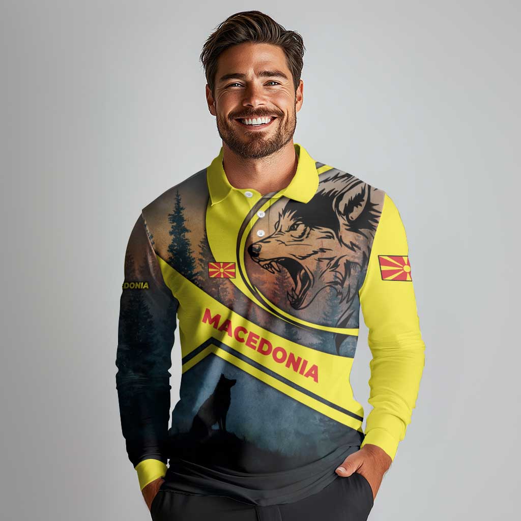 Macedonia Long Sleeve Polo Shirt with Forest Wolf and Sunset Silhouette Design - Wonder Print Shop